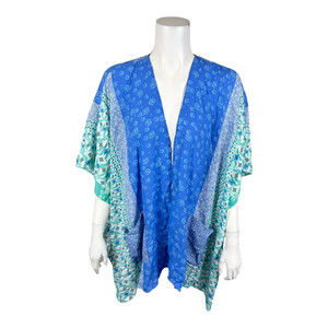 Susan Graver Printed Woven Open Front Cardigan Patch w/ Pockets Blue Large Size